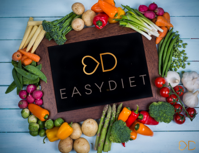 Vizitka EasyDiet obklopená čerstvou zeleninou. Zdravé jesenné chudnutie s krabičkovou diétou.