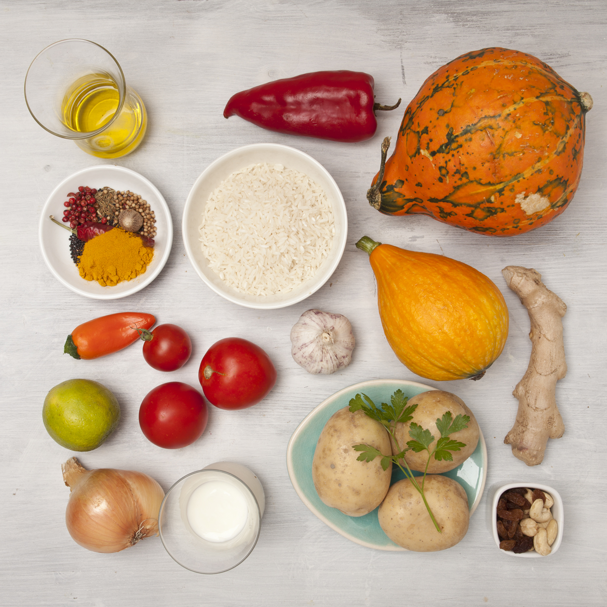 tekvica, ryža, zázvor, zemiaky, paradajky, kari korenie