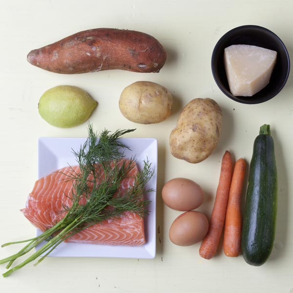 losos, mrkva, cukina, batáty