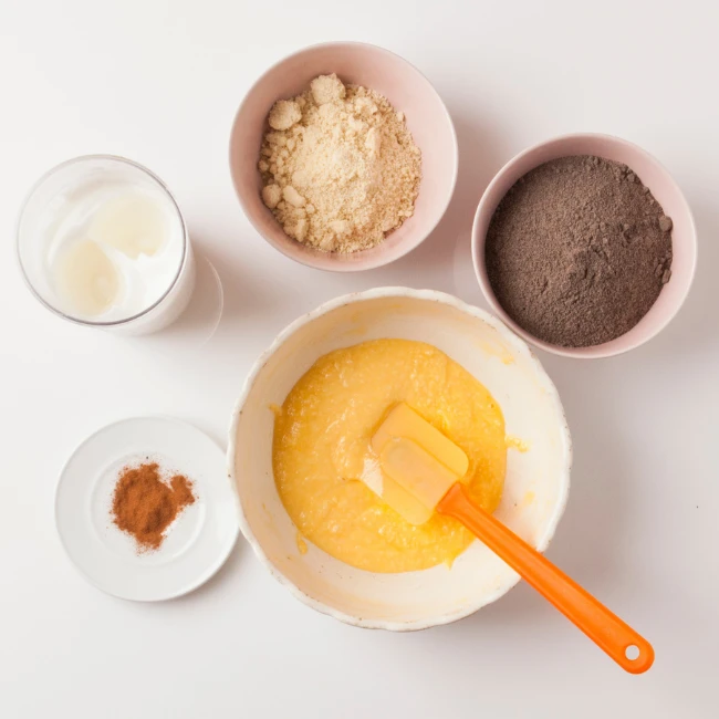 Rozpustené maslo, maková múka, mandľová múka, sneh z bielok, škorica