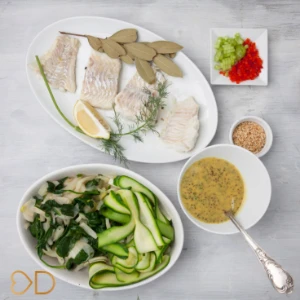 treska, zelenina, koreniny