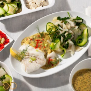 treska servírovaná so zeleninou na bielom tanieri