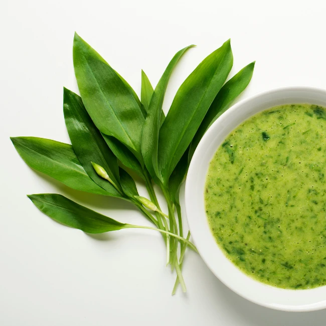 Čerstvý medvedí cesnak uložený vedľa brokolicovej polievky v bielom tanieri