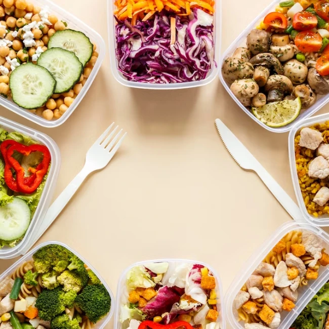 gesunde Gemüsegerichte, Nudeln und Geflügelfleisch in Kisten mit Besteck