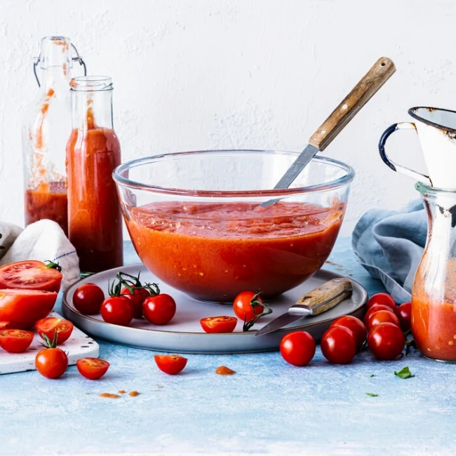 drvené paradajky v sklenenej mise položenej na tanieri s celými a krájanými rajčinami