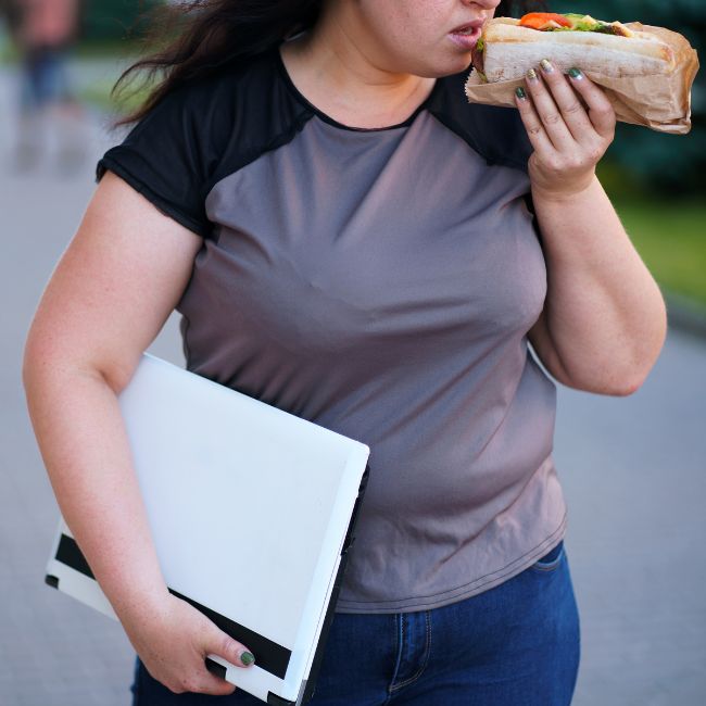 žena s nadváhou je bagetu počas chôdze