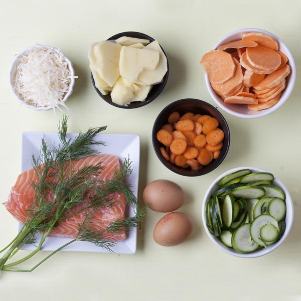 losos, mrkva, cuketa, batáty, syr, kôpor