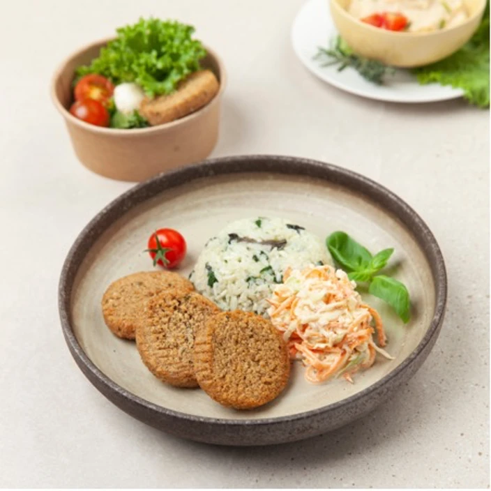 Vegetariánské jídlo na talíři a v krabičce – zeleninové placky s rýží, zelný salát